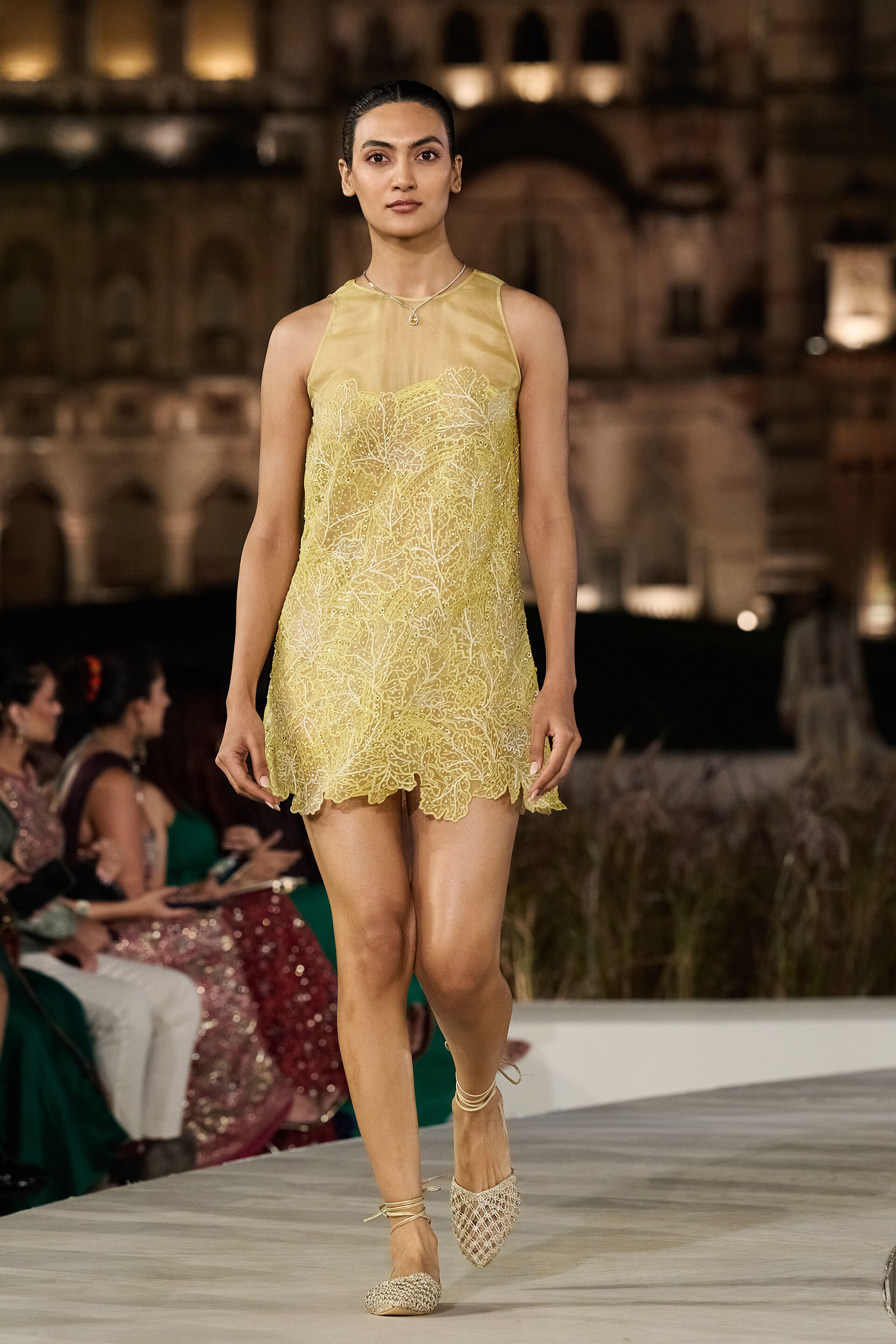 Summerleaf Embroidered Applique Silk Dress - Yellow